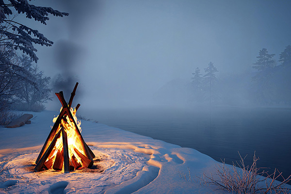 雪地森林中的篝火