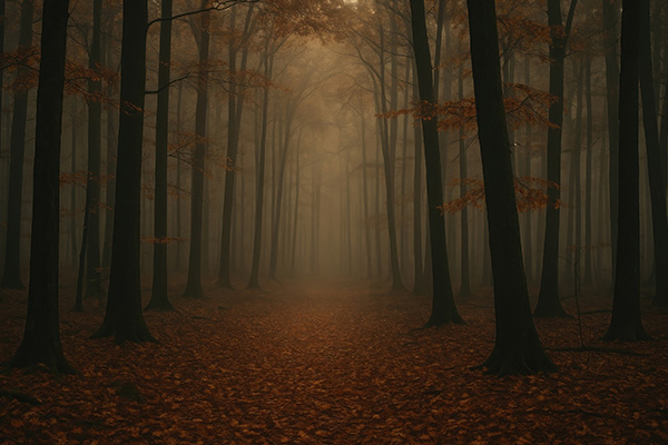秋日里雾气缭绕的林间小径